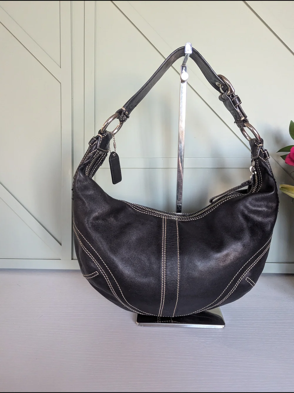 Coach Black Leather Hobo with Contrast White Stitching